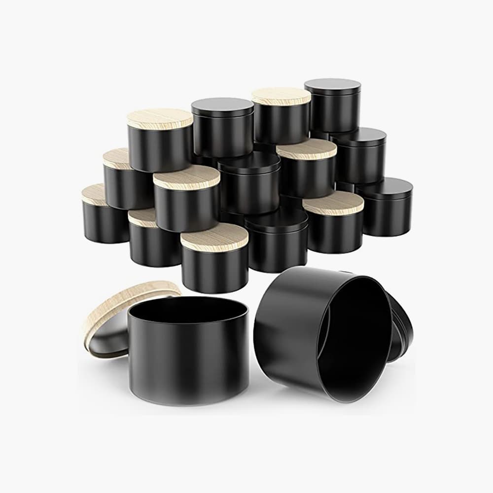 black candle jars with wooden lids