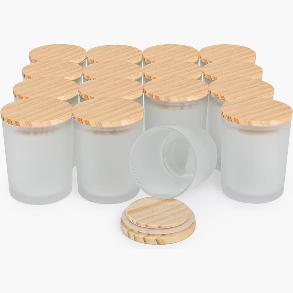 frosted candle jars with bamboo lids