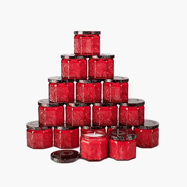 embossed red candle jars