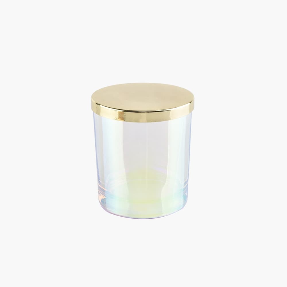 iridescent candle jar with metal lid