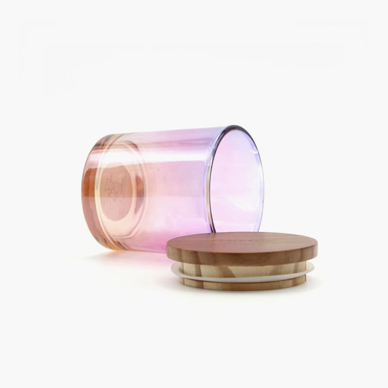 iridescent candle jar with bamboo lid
