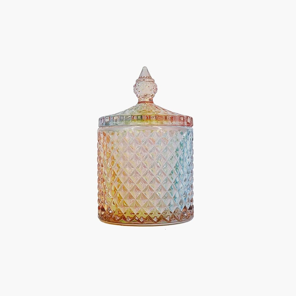 iridescent candle jar with dome cloche lid