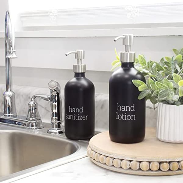 black lotion bottles in kitchen
