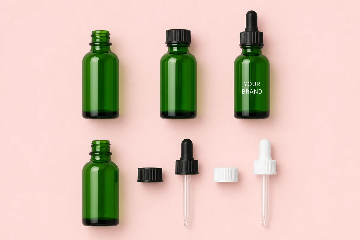 Overhead design illustration showing matching green bottles with separate black and white cap and dropper ideas