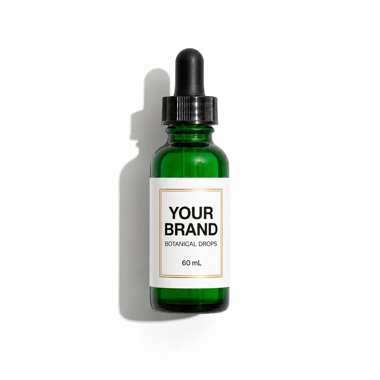 Private-label design illustration of a 60ml-size green Boston round dropper bottle with YOUR BRAND and BOTANICAL DROPS on a white label