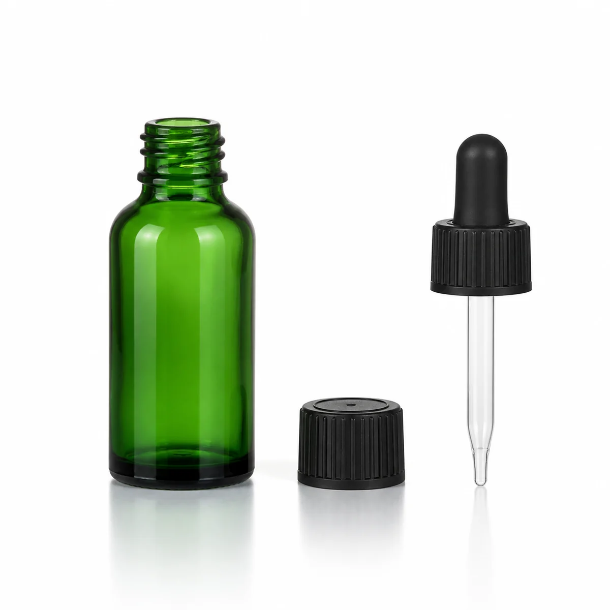 AI design illustration of a green bottle with separate black screw-cap and dropper options
