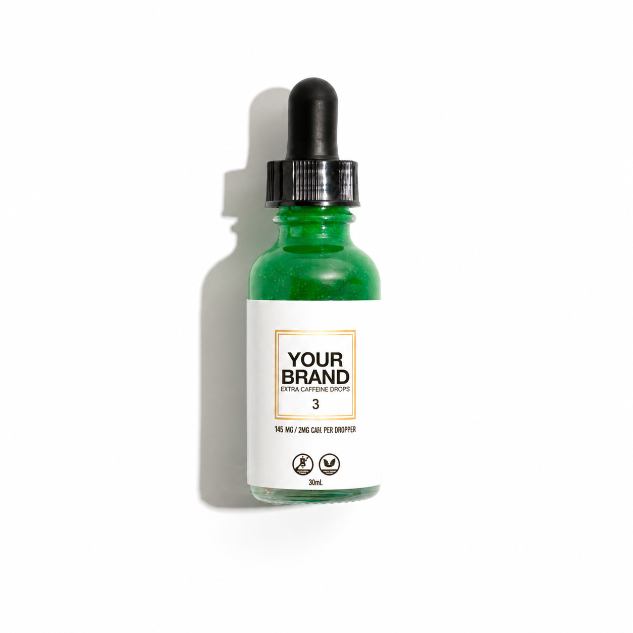 Custom white label on a glass bottle with a black dropper