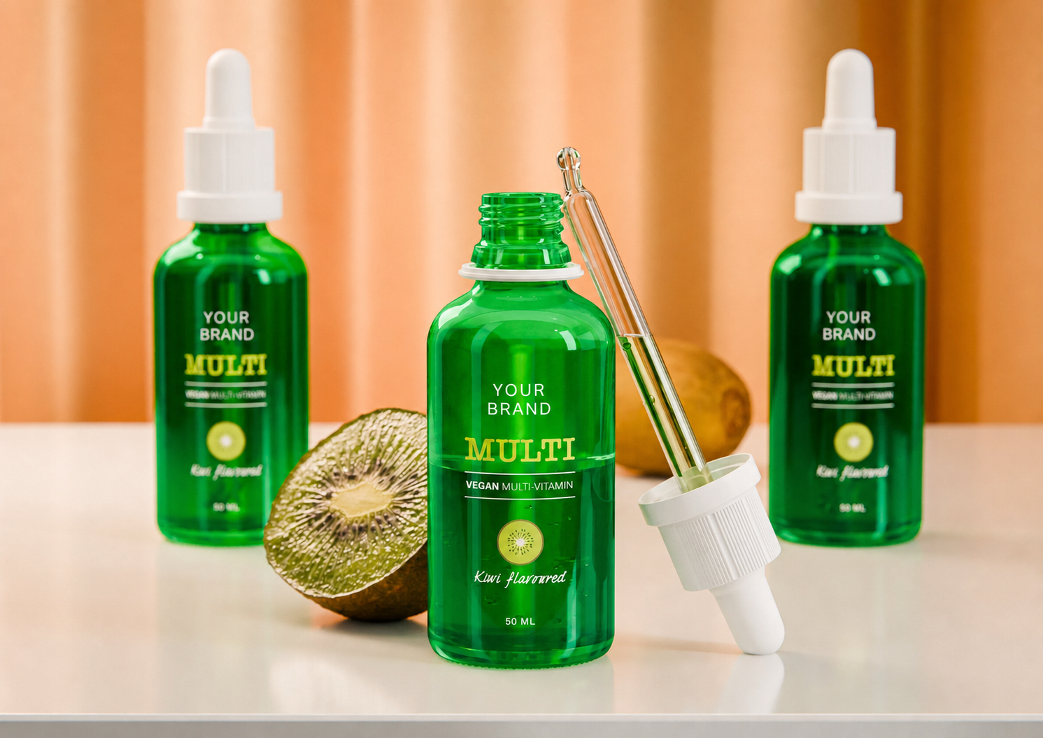Decorated glass bottles with white droppers and custom brand artwork