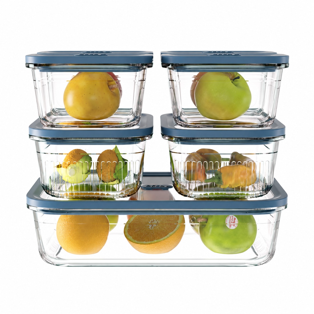 Ribbed glass containers storing fresh fruit in several capacities