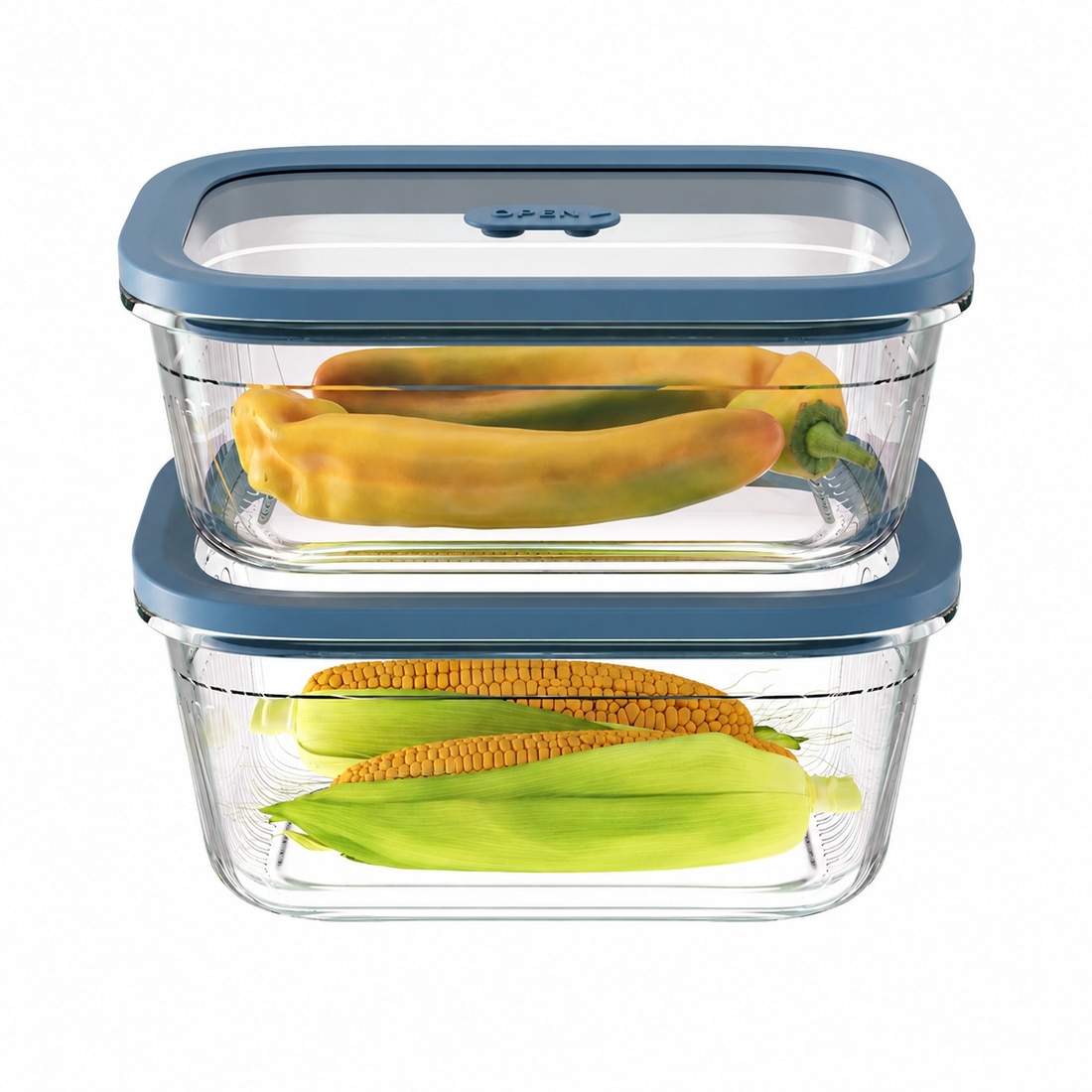 Two stackable ribbed glass food containers with vented glass lids