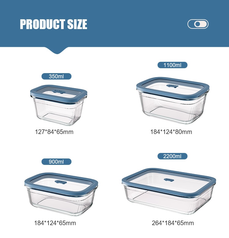 Size chart for 350 ml, 900 ml, 1100 ml and 2200 ml ribbed glass food containers