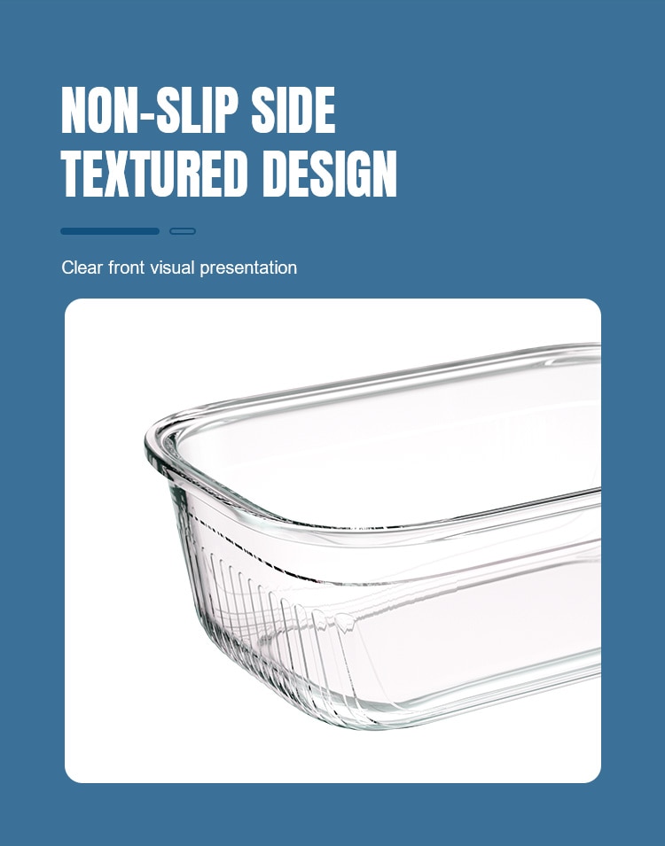 Close view of the vertical rib texture on a clear borosilicate glass food container