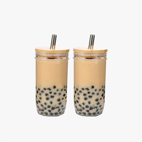 Boba Cups Reusable Drinking Glasses With Bamboo Lids and Silver Straws