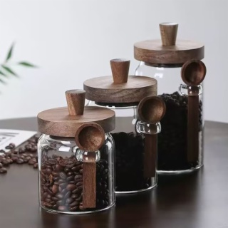 Glass Spice Storage Containers with Wood Lid & Spoon