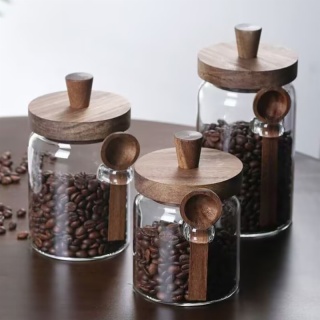Glass Spice Storage Containers with Wood Lid & Spoon