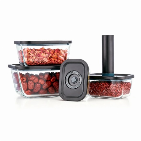 vacuum glass storage containers holding dried food with pump