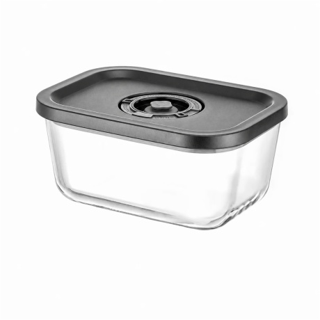 rectangular glass vacuum storage container with black valve lid