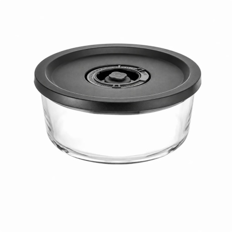round glass vacuum storage container with black valve lid
