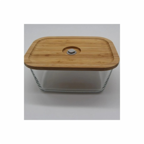 rectangular glass food container with bamboo vacuum valve lid
