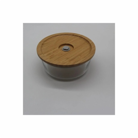 round glass food container with bamboo vacuum valve lid