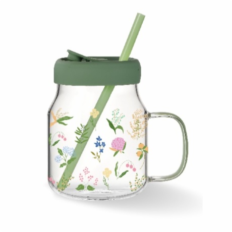 large glass mug with silicone lid and straw
