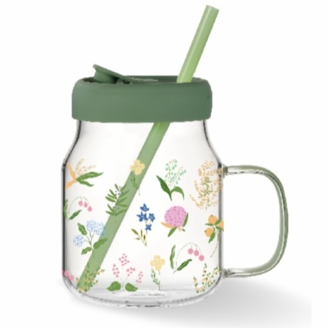 large glass mug with silicone lid and straw