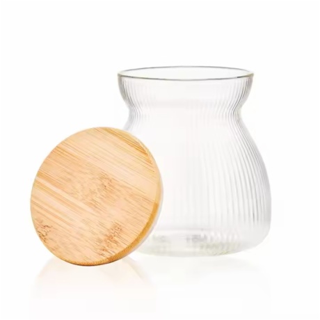 ribbed glass coffee jar with wooden lid