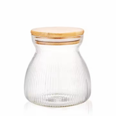 ribbed glass coffee jar with wooden lid