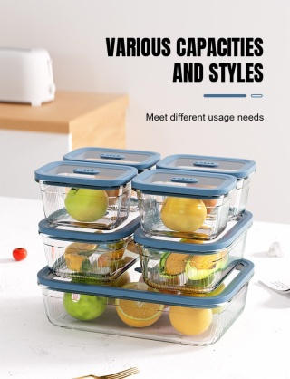 Four capacities of ribbed glass food containers stacked for storage