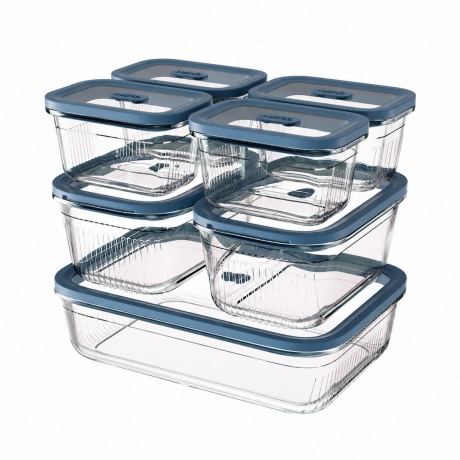 Four sizes of ribbed borosilicate glass food containers with vented glass lids