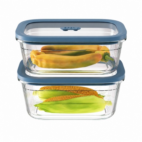 Two rectangular ribbed glass containers stacked with blue lids