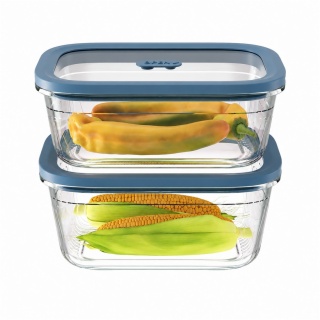 Two rectangular ribbed glass containers stacked with blue lids