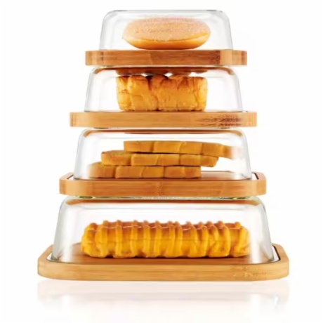 stackable borosilicate glass butter dish with bamboo lid