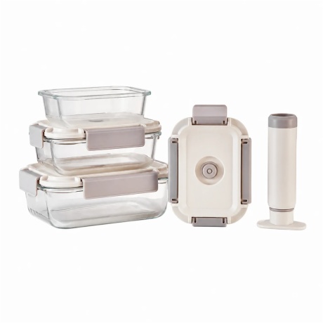 stackable vacuum glass food container set with four-lock lids and pump