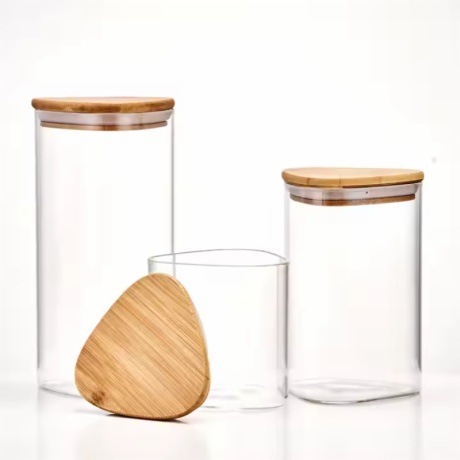 triangle glass jars with airtight bamboo lids 600ml 900ml 1200ml