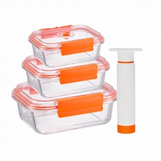 Three rectangular vacuum seal glass containers with pump