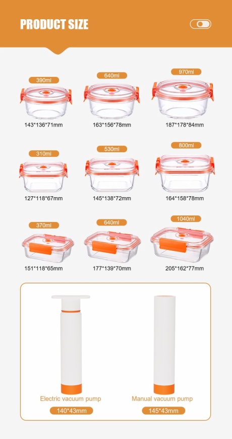 Vacuum glass container size chart with nine capacities