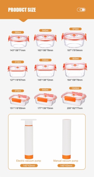 Vacuum glass container size chart with nine capacities