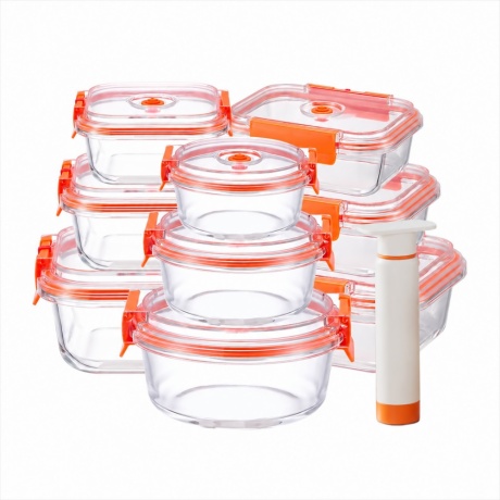 Vacuum glass food container range with manual and electric pumps